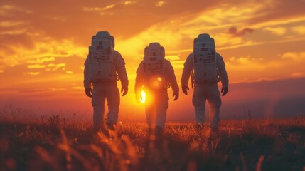  three people in spacesuits standing in a field with the sun setting in the background and the sky in the foreground, with clouds in the foreground.