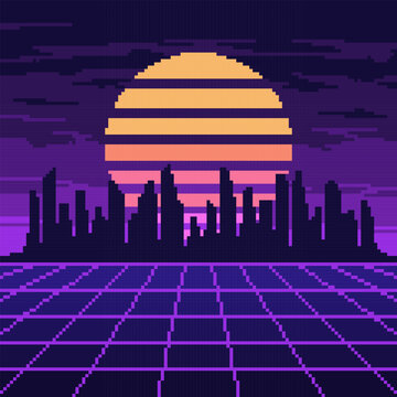Pixel synthwave purple mesh with night city and sun background. Neon blue vaporwave landscape with grid digital design with dark skyscrapers and striped star in vector sky