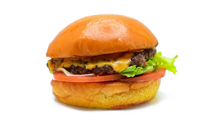 Burger beef cheese classic minimal close up isolated on white. Hamburger freshly baked on white plate, homemade. Grocery product advertising, menu or package.