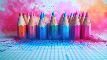  a row of colored pencils sitting next to each other on a blue and pink checkered tablecloth with a splash of pink and blue paint on the background.