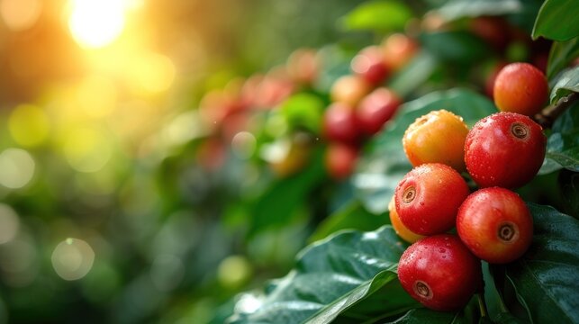  a close up of a bunch of fruit growing on a tree with the sun shining through the leaves and the background of the photo is blurred out of the sun.