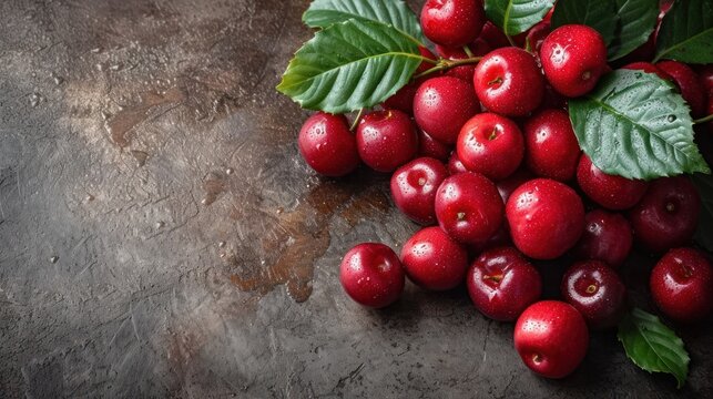  a close up of a bunch of cherries with leaves on the top of the cherries and the bottom of the cherries on the bottom of the cherries.
