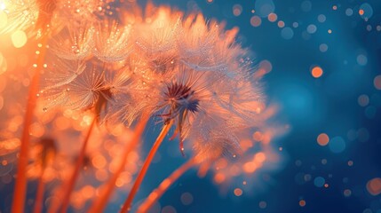  a close up of a dandelion with drops of water on the dandelions in front of a blue background with a blurry image of the dandelion.