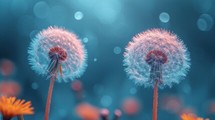 a couple of dandelions sitting on top of a field of green and yellow flowers in front of a blue and black background with a blurry light in the middle. - obrazy, fototapety, plakaty
