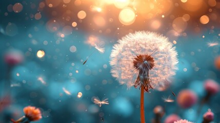 a dandelion blowing in the wind in front of a blurry background of dandelions and a blue sky with a bit of light in the foreground.