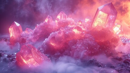  a group of pink crystals sitting on top of a pile of rocks next to a sky filled with clouds of smoke and smothers of red and pink smoke.