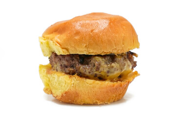 Burger beef cheese classic minimal close up isolated on white. Hamburger freshly baked on white plate, homemade. Grocery product advertising, menu or package.