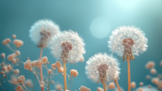  a close up of a bunch of dandelions on a blue background with a blurry image of the back of the dandelions in the foreground.