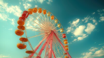  a ferris wheel on a sunny day with a blue sky in the back ground and clouds in the sky in the back ground and a blue sky with a few white clouds.