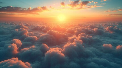  the sun is setting over the clouds in the sky as seen from a very high point of view of the sun setting over the clouds in the middle of the sky. - obrazy, fototapety, plakaty