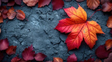  a red and orange leaf laying on top of a cement ground next to a pile of orange and red leaves on top of a gray ground next to a pile of red and orange leaves.