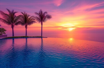 Fototapeta na wymiar an infinity pool next to palm trees at sunset
