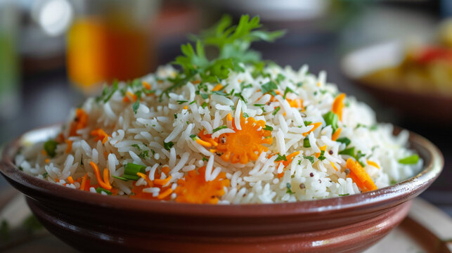 Tricolor Tiranga Rice for Indian Republic and Independence day, served in a ceramic plate, selective focus. Generative AI	
