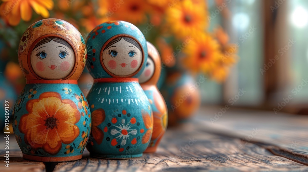 Wall mural  a close up of two small wooden dolls on a table with flowers in the backgrouf of the picture and a vase of sunflowers in the background.