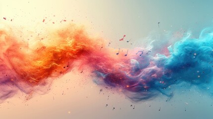  a multicolored cloud of smoke flying through the air with a light blue sky in the back ground and a light blue sky in the front of the back ground. - obrazy, fototapety, plakaty
