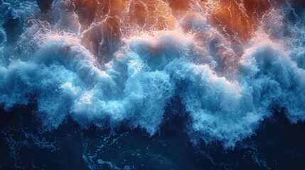  an aerial view of a large body of water with a lot of waves coming up from the top of the water and a lot of orange and white foam on the bottom of the water. - obrazy, fototapety, plakaty