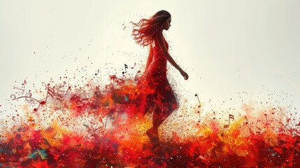  a woman in a red dress is walking through a field of red and orange flowers with music notes all over her body and her body, and her hair blowing in the wind. - obrazy, fototapety, plakaty