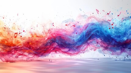  a blue, red, and orange colored stream of smoke on a white background with a reflection of water and music notes in the bottom right corner of the image. - obrazy, fototapety, plakaty