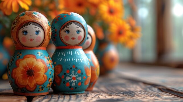  a close up of two small wooden dolls on a table with flowers in the backgrouf of the picture and a vase of sunflowers in the background.