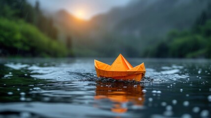 an orange origami boat floating on top of a body of water with trees in the background and raindrops on the water and rain drops on the ground.