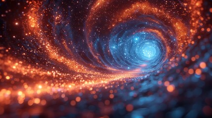  a close up of a blue and orange spiral shaped object with stars in the middle of the image and blurry lights in the middle of the middle of the image.