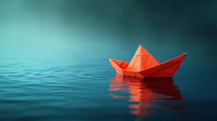  a red origami boat floating on top of a body of water in the middle of a body of water with a blue sky and green back ground in the background.