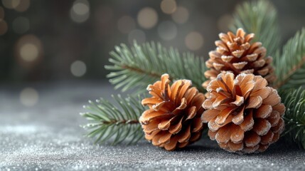  a couple of pine cones sitting on top of a snow covered ground next to a pine tree branch with drops of dew on the top of the pine cones, with a blurry background. - obrazy, fototapety, plakaty
