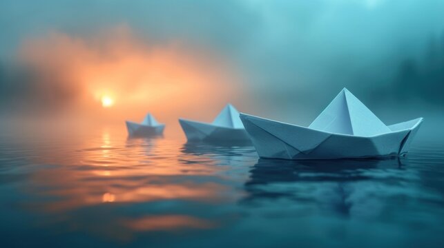  a group of paper boats floating on top of a lake in front of a foggy sky with the sun in the distance and a setting sun in the distance.