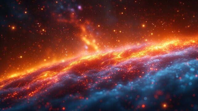  a close up of a bright blue and yellow space with stars and a bright orange and blue star in the center of the space, with a black background of a red and blue and yellow star.