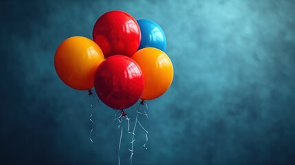  a bunch of red, orange, and blue balloons floating in the air with streamers on a dark blue background with room for text ornament to put on the bottom of the image.