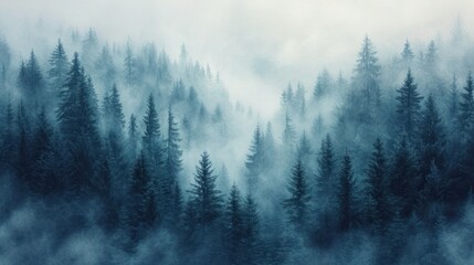  a forest filled with lots of tall pine trees covered in fog and smoggy clouds in the distance is a forest filled with lots of tall pine trees in the foreground. - obrazy, fototapety, plakaty