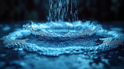  a close up of a water fountain with drops of water coming out of the top of the water and on the bottom of the water is a dark blue background.