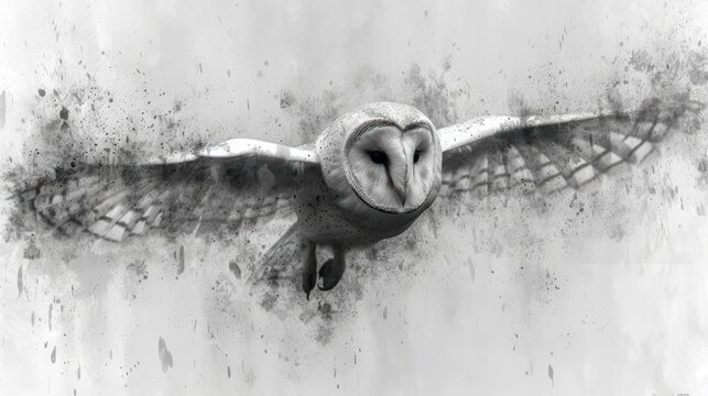  a black and white photo of a barn owl flying in the air with its wings spread out and it's eyes open and it's eyes wide open.