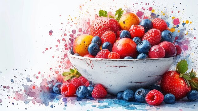  a painting of a bowl of berries and raspberries with blueberries and raspberries on the bottom of the bowl and raspberries on the bottom of the bowl.