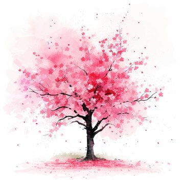  a watercolor painting of a pink tree with lots of leaves on it's branches and a pink ground below the tree is a white background with pink watercolor.