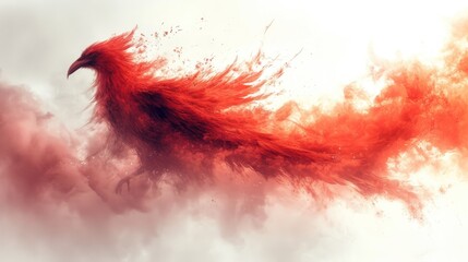  a red bird flying through the air with a lot of smoke coming out of it's back and a lot of dust coming out of it's wings.