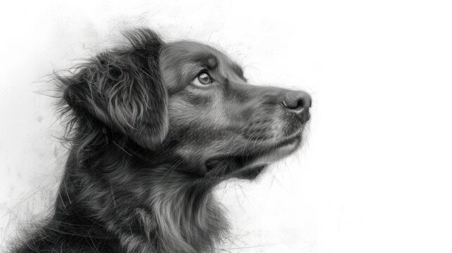  a black and white photo of a dog with long hair on it's head, looking up at something off to the side of the left side of the image.