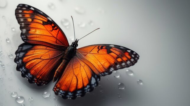  a close up of a butterfly on a surface with drops of water on the surface and a drop of water on the bottom half of the butterfly's wings.