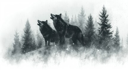  a black and white photo of three wolfs standing in the middle of a forest with snow falling off the tops of the trees and snow falling off the tops. - obrazy, fototapety, plakaty