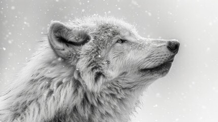  a black and white photo of a wolf with snow falling down on it's face and the face of a wolf looking up at the sky with snow flakes.