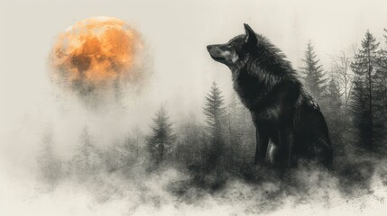  a black and white photo of a wolf in a foggy forest with a full moon in the background and trees in the foreground, with a black and white background.