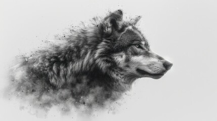  a black and white photo of a wolf's head with black and white paint splattered on the side of the wolf's head and the wolf's head.