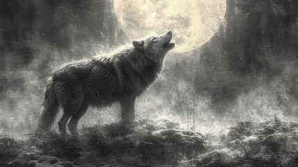  a wolf standing on a hill looking up at the sky with a full moon in the sky behind it and a foggy night sky with a full moon in the background.