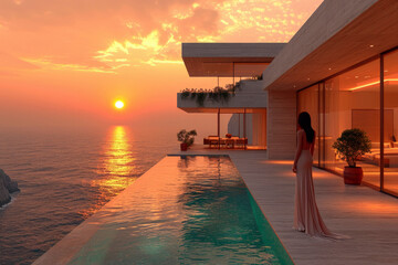 modern large villa overlooking the ocean with woman seen from the back wearing a beautiful long fitted summer dress as she looks out over the sea with a setting sun