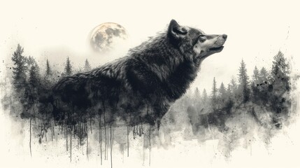  a black and white painting of a wolf looking up at a full moon in the distance with trees in the foreground and a full moon in the sky in the background.