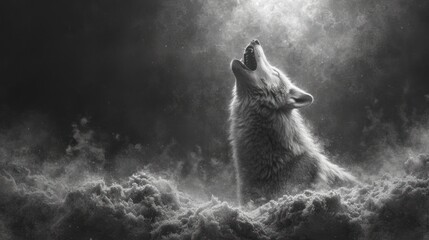  a black and white photo of a wolf with its mouth open and it's head up in the air above a cloud of smoke and light coming from the sky. - obrazy, fototapety, plakaty
