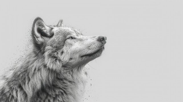  a black and white photo of a wolf's head with a splash of paint on it's back and the head of a wolf's head looking up.