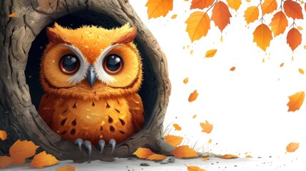  a painting of an owl peeking out of a hollow in a tree with autumn leaves on the ground and on the ground, with a white background of yellow and orange leaves.