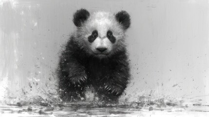  a black and white photo of a baby panda bear in a water pool with splashes of water on it's face and a white wall behind it is a black and white background. - obrazy, fototapety, plakaty