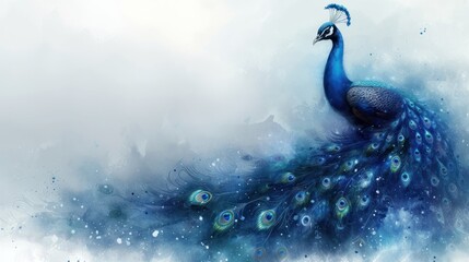  a painting of a blue peacock with feathers on it's back and feathers on its back, in front of a white background, with water droplets and bubbles.
